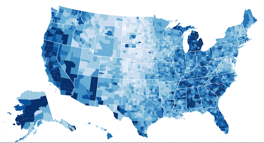 choropleth of unemployment in US 2008